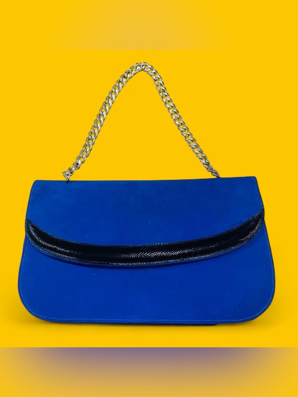 Vintage 1950s Lennox Royal Blue Suede Leather Clutch Purse Gold Chain